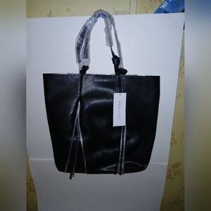 Kenneth Cole Reaction Tote Handbag Fringe Benefit Black Silver Tassels Vegan NWT